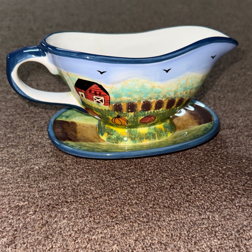 Vintage Colorful Farm Country Scene Gravy Boat with Saucer